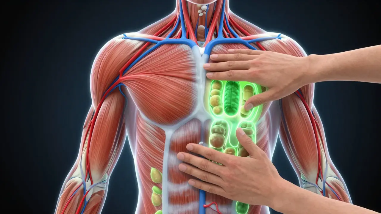 Transparentní ilustrace těla s proudy krve, lymfy a mitochondriemi aktivovanými masáží.