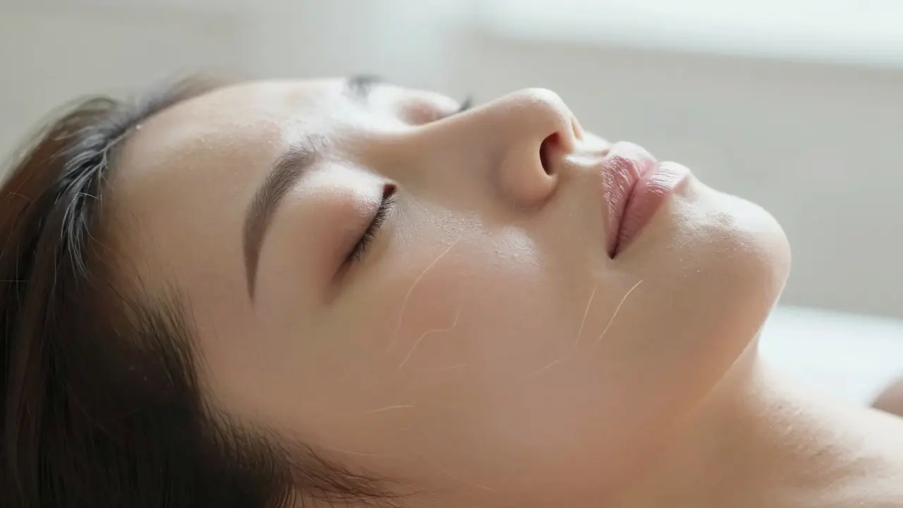 Žena s leskem a zdravou pokožkou po holistické masáži, bez make-upu a kosmetiky.
