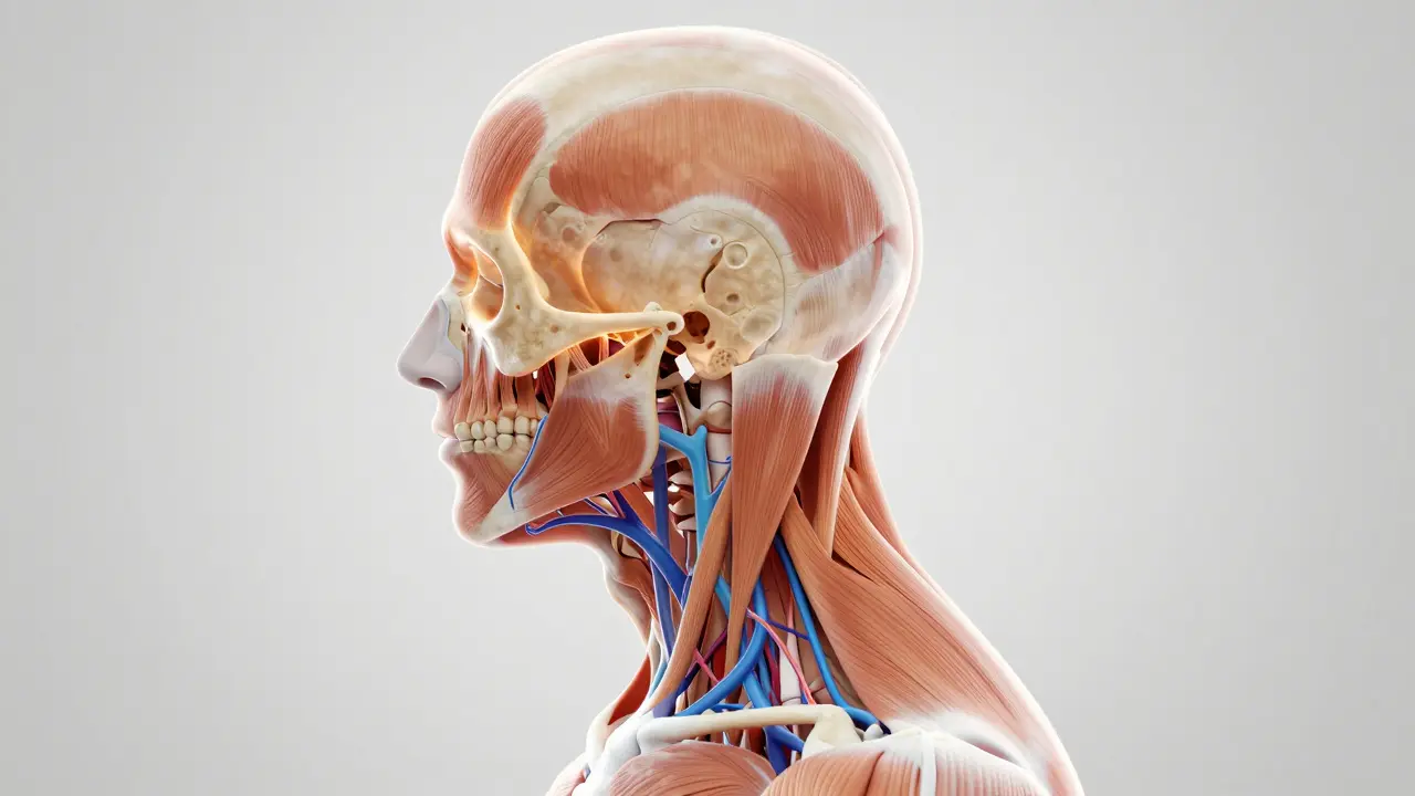 Anatomické znázornění svalového napětí v krku a hlavě s vyznačenými bolestivými body.