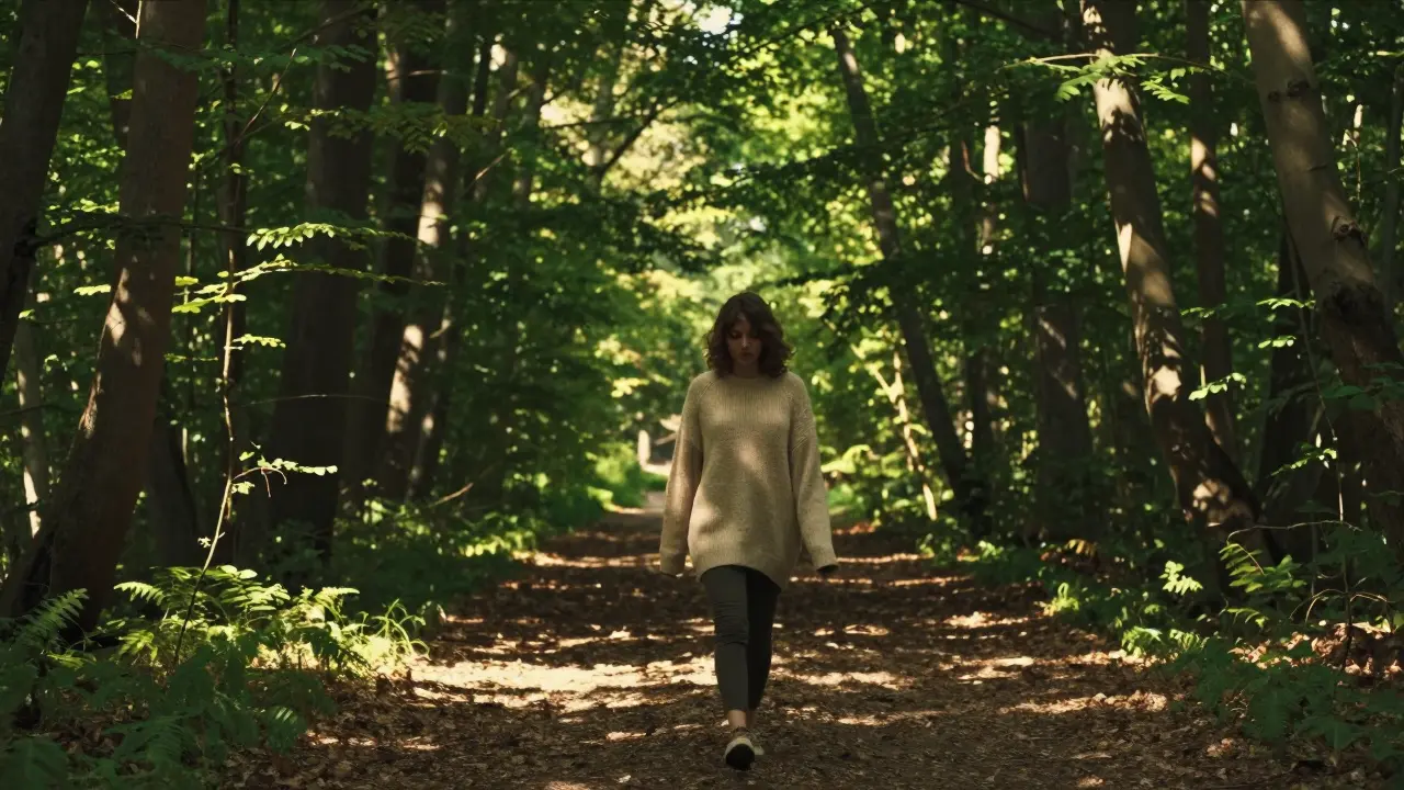 Člověk v teplém svetru prochází relaxovaně lesní stezkou.