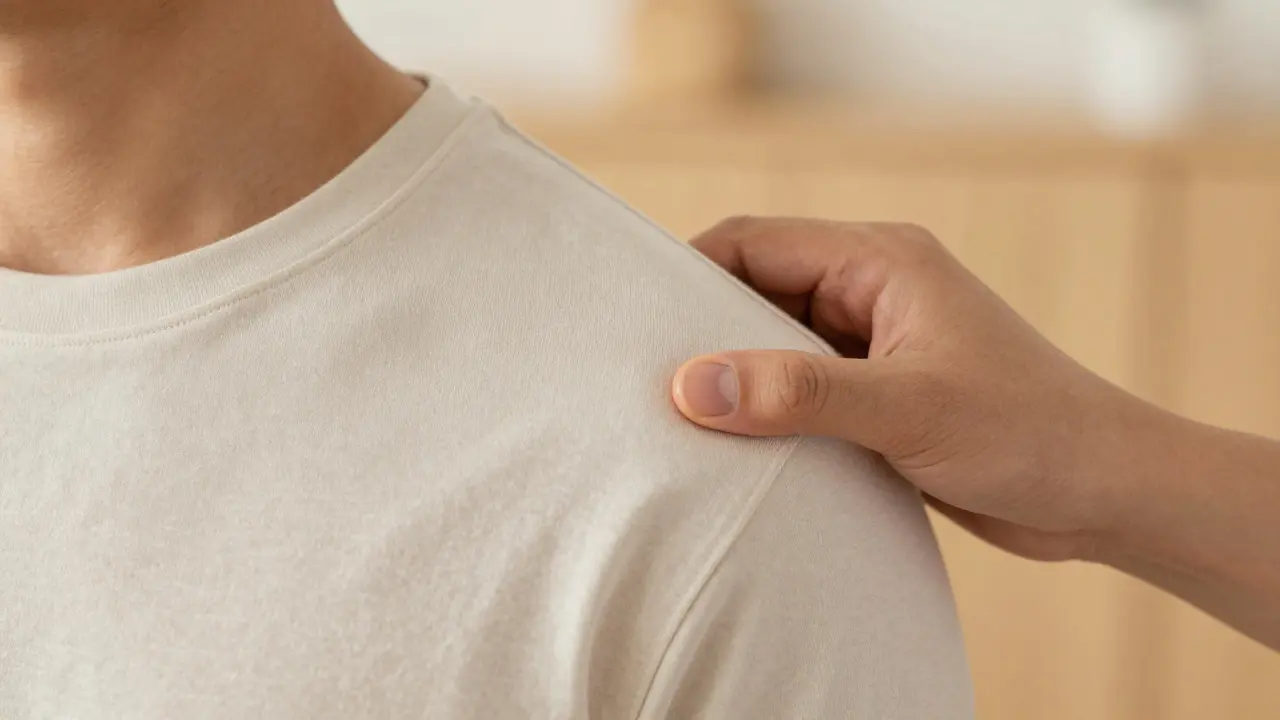 Detail tlaku prsta terapeuta na rameno športovca oblečeného v pohodlnom oblečení.