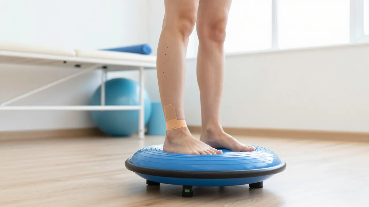 Fyzioterapie: pacient trénuje rovnováhu na balancovací desce s tejpovaným kotníkem.