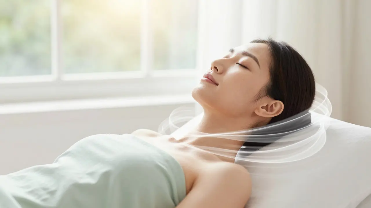 Klidná osoba s closed-eyes výrazem symbolizující úlevu a lehkost po masáži.