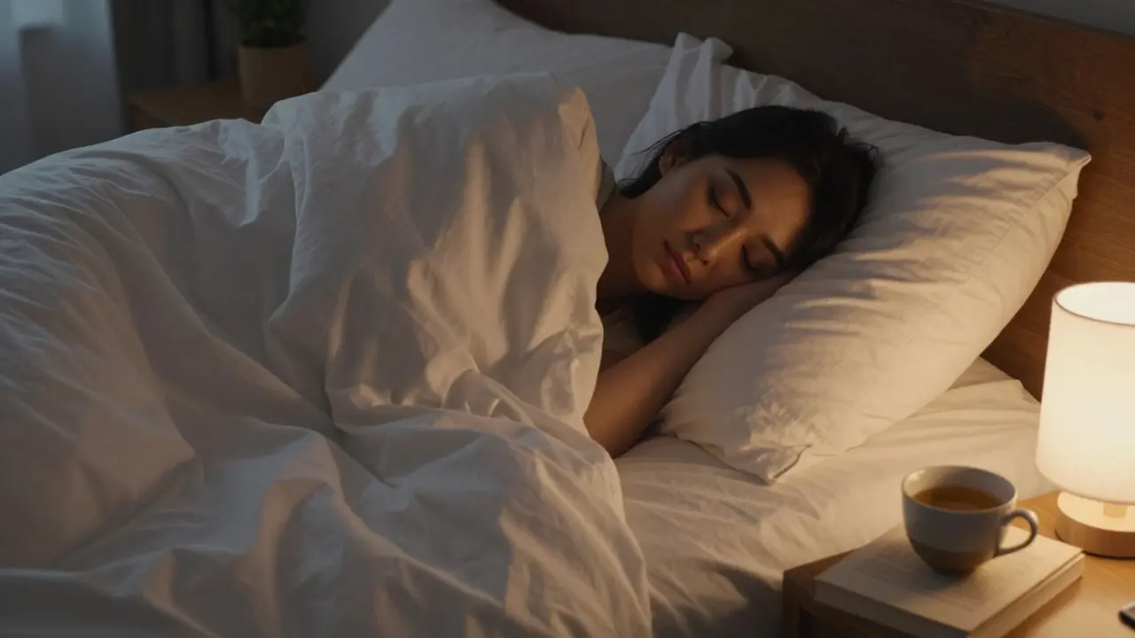 Klidně spící osoba pod teplou přikrývkou v útulné ložnici.