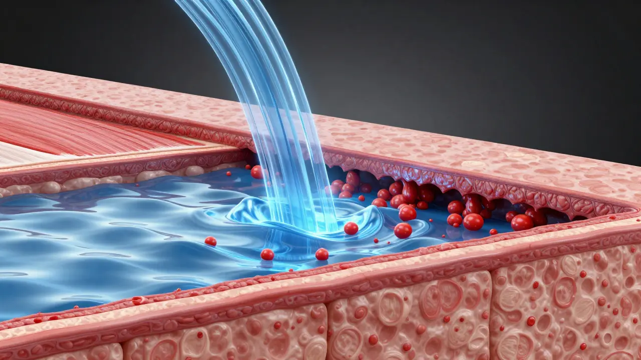 Konceptuální ilustrace vlivu vodního proudu na svalovou tkáň a fascie.