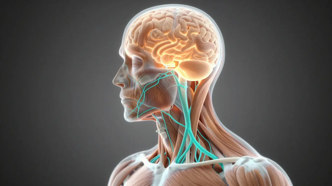 Konceptuální zobrazení napětí svalů krku a vlivu bludného nervu na úlevu od bolesti.