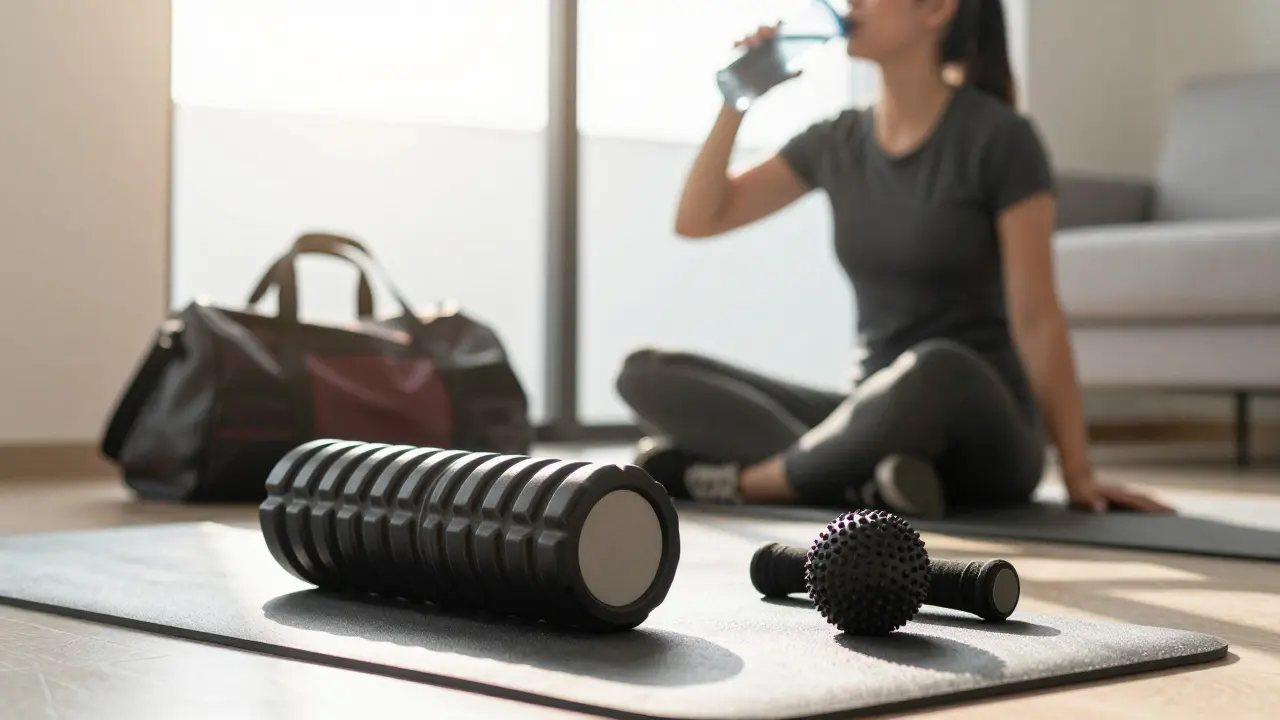 Masážní válec a míček na cvičnici s detailem sklenice vody.