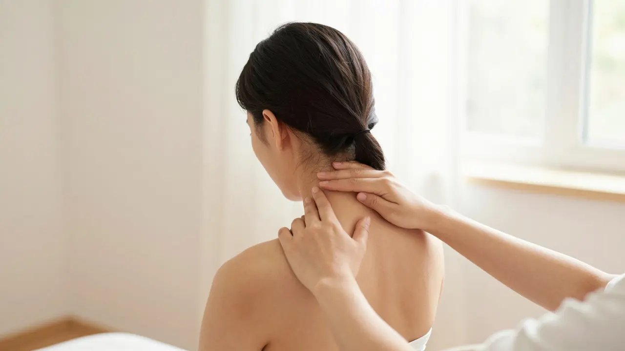 Osoba provádějící jemné mobilizační pohyby krku v klidném a světlém prostředí.