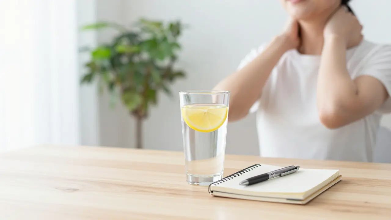 Sklenice vody s citronem a deník bolestí vedle osoby provádějící jemný strečink krku.