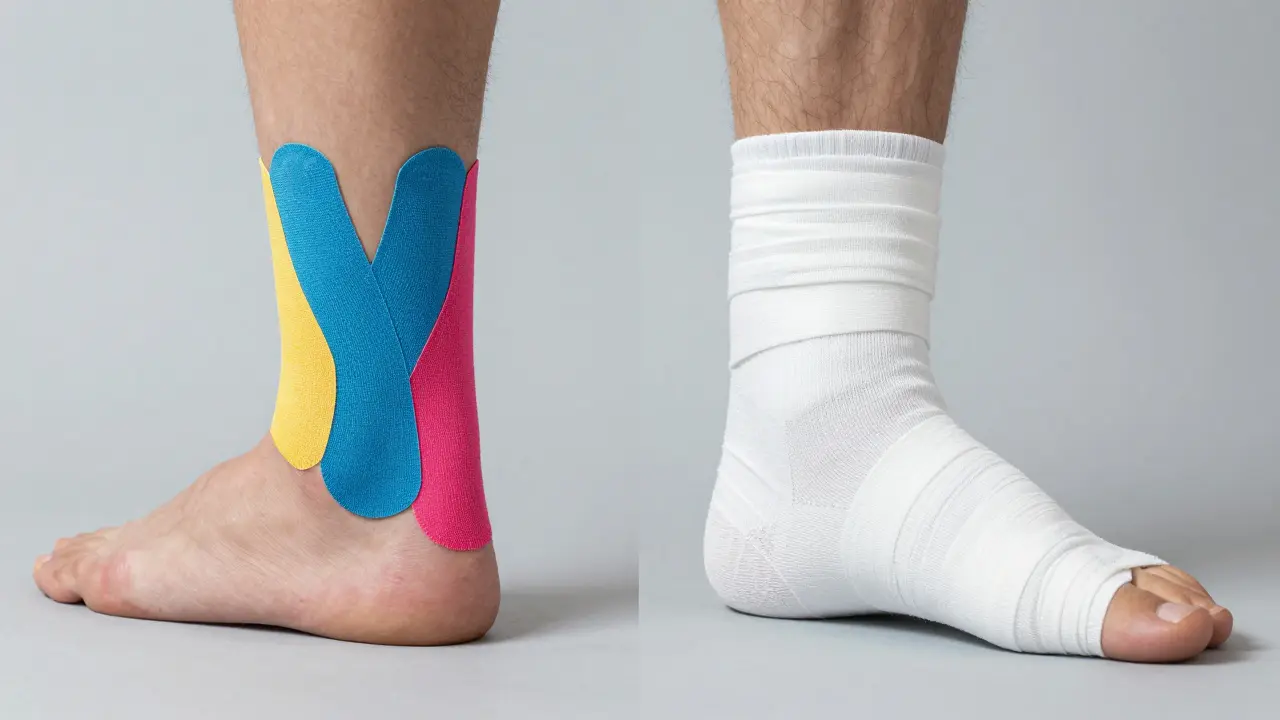 Srovnání elastického kineziotejpu a rigidní fixační pásky na kotnících.