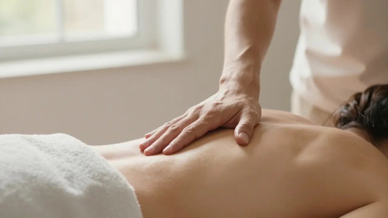 Terapeut jemně aplikuje Dornovu metodu na záda pacienta v světlé místnosti.