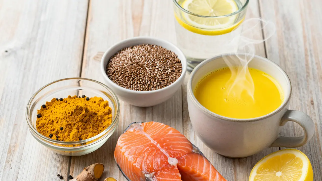 Zdravá strava s kurkumou, rybami a lněnými semínky pro zmírnění zánětů.