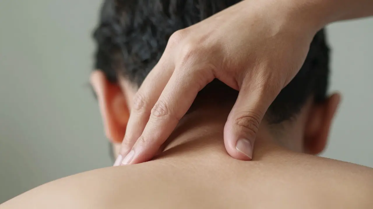 Detailní záběr na akupresuru na zadní straně krku u základny lebky