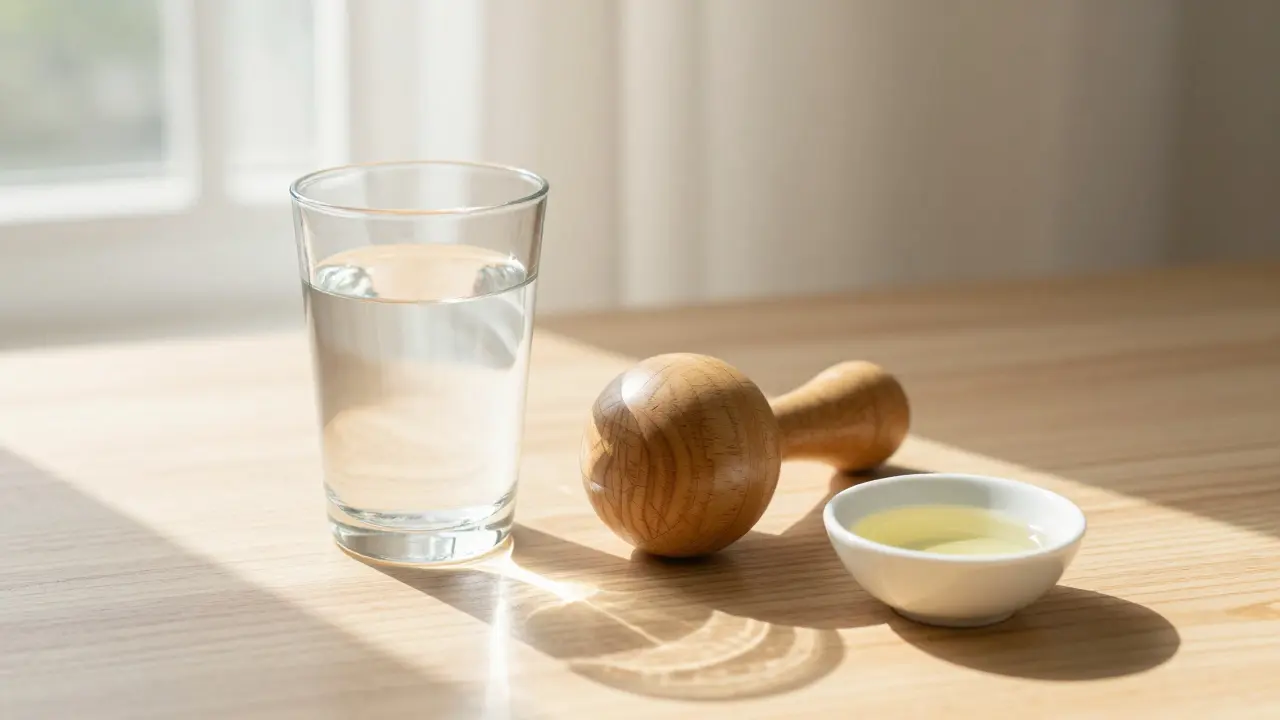 Glass of water and massage tools for post-treatment care