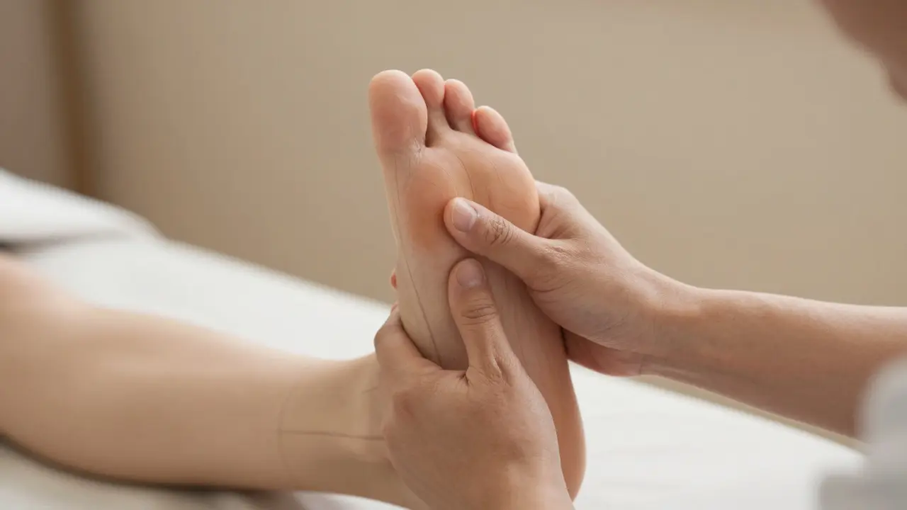 Therapist applying pressure to foot arch during reflexology