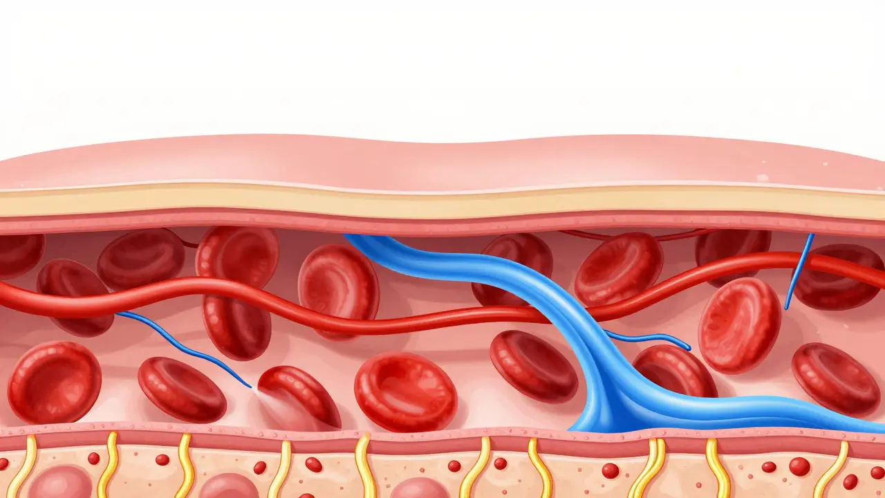 Ilustrace kůže ukazující zlepšenou mikrocirkulaci a detoxikaci buněk