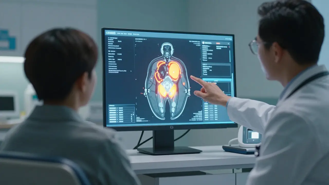 Lékař vysvětluje pacientovi výsledky PET-CT skenu na digitálním displeji