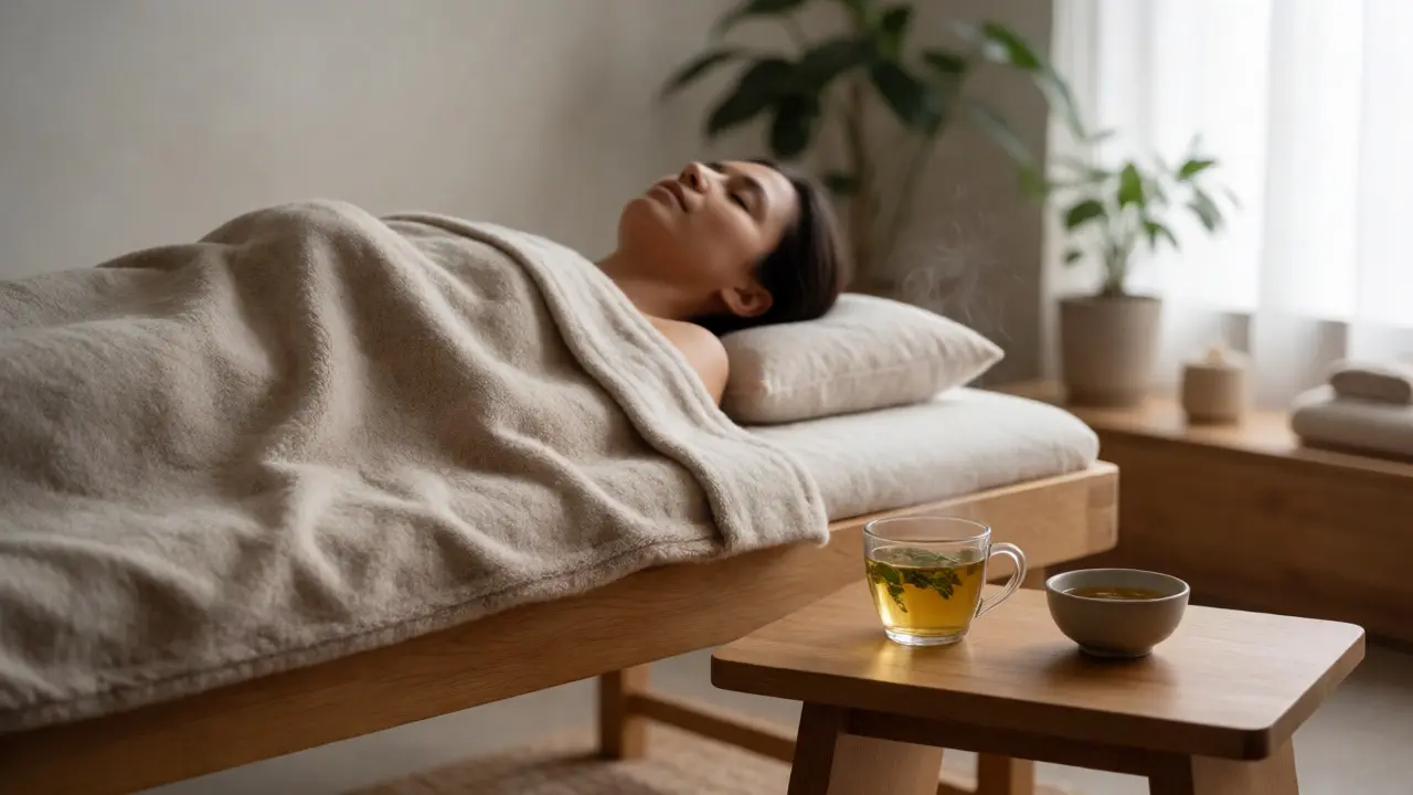 Klient odpočívá pod přikrývkou po masáži vedle šálku bylinkového čaje v klidném wellness prostředí.