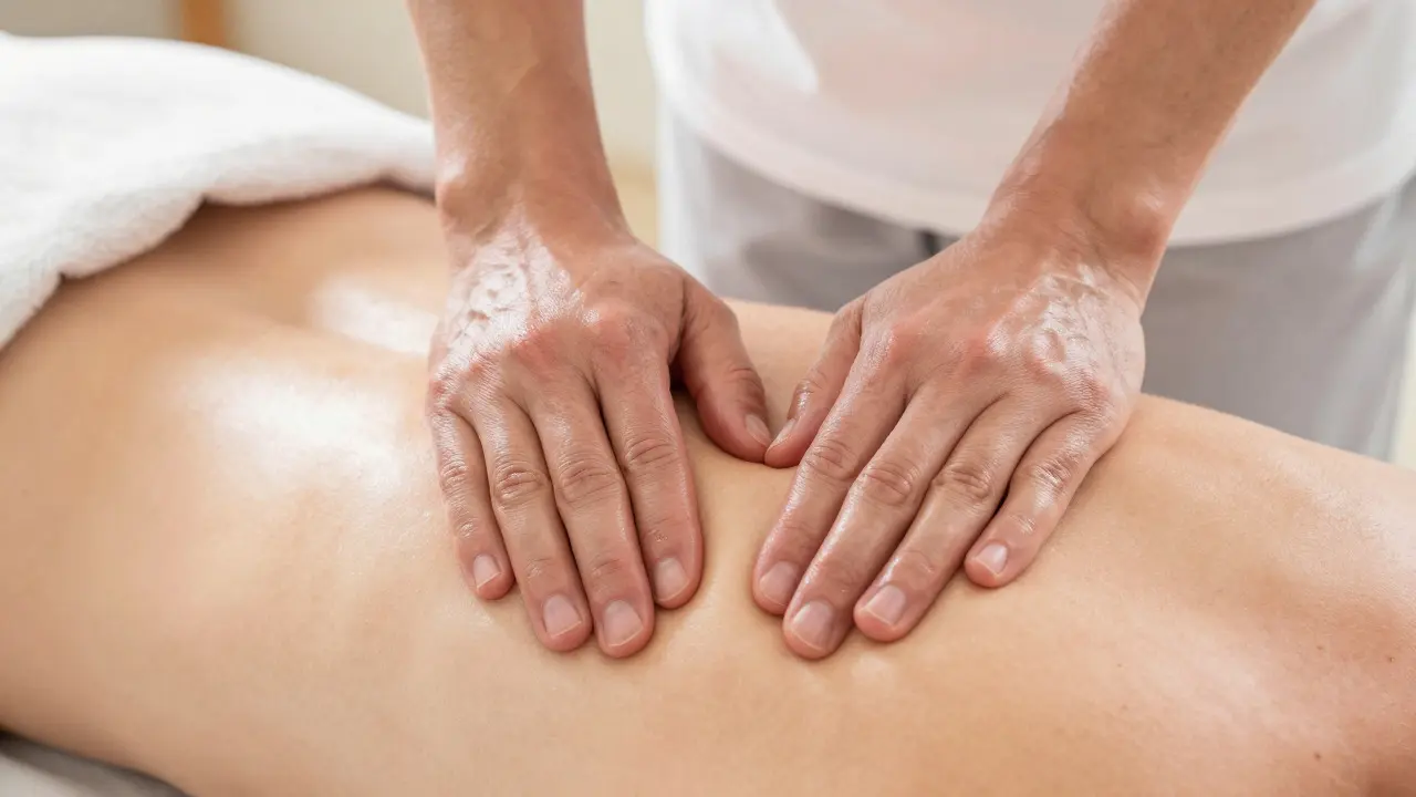 Záběr na ruce terapeuta provádějícího Breussovou masáž