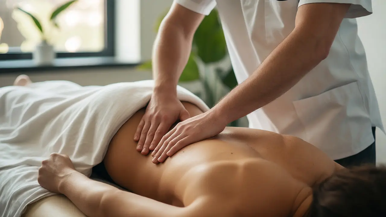 Fyzioterapeut provádí cílenou masáž bederní páteře pacienta na terapeutickém lehátku.
