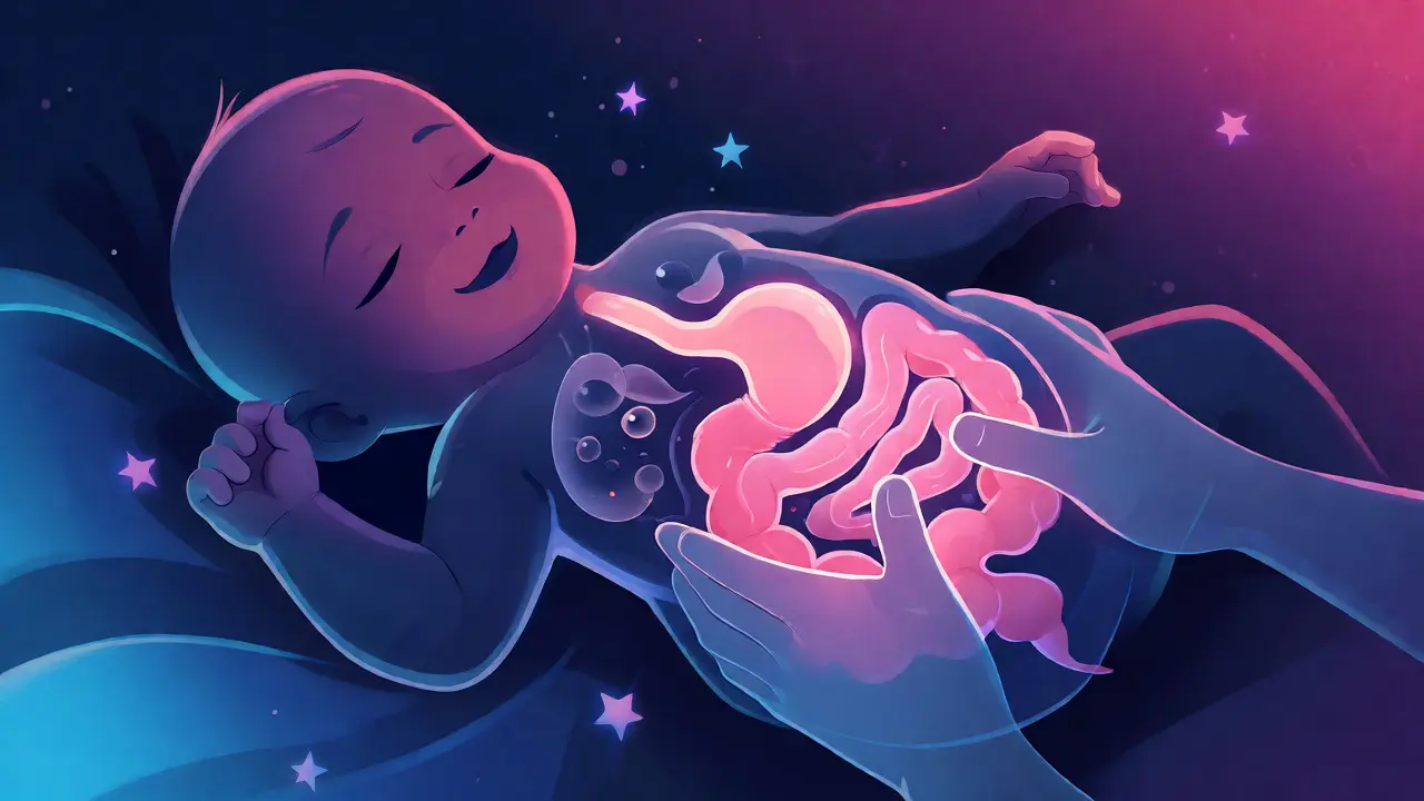 Konceptuální ilustrace úlevy od křečí u spícího miminka