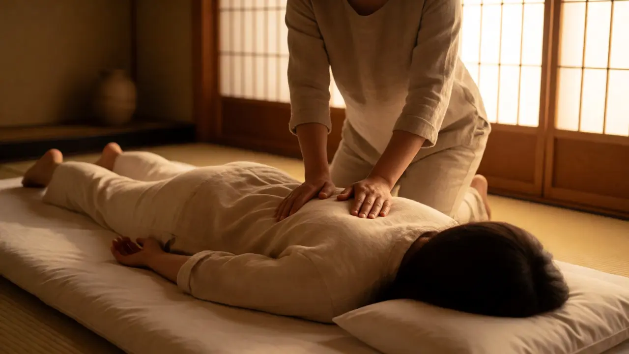 Terapeut provádí masáž shiatsu na zemi