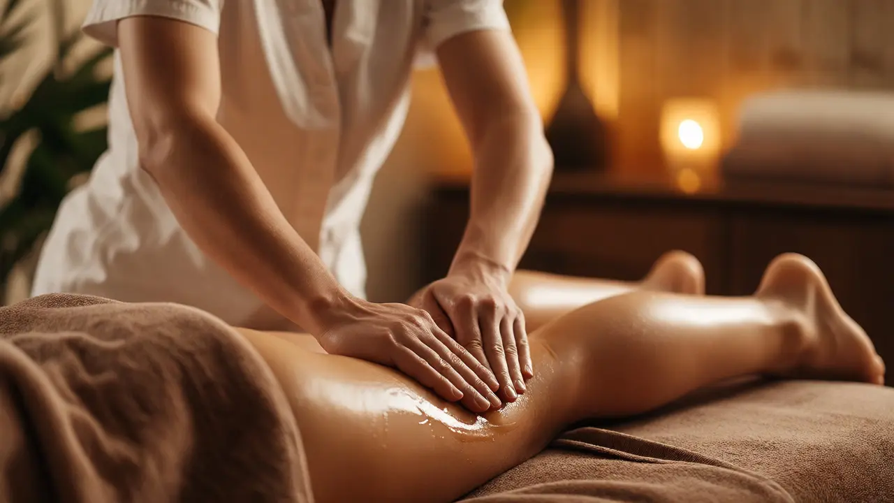 Masér provádí anticelulitidní masáž nohou v klidném prostředí wellness studia