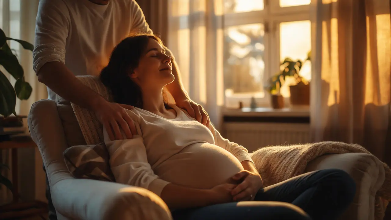 Partner masíruje ramena relaxující těhotné ženy doma