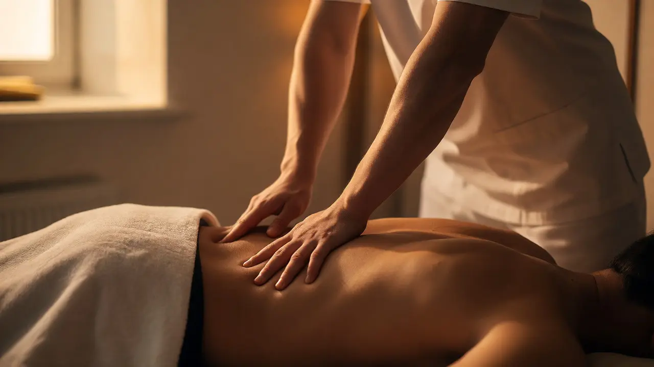 Rehabilitační masáž dolní části zad terapeuta