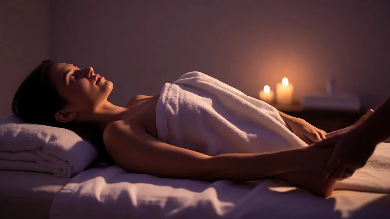 Relaxovaná žena při reflexní masáži nohou v klidném prostředí